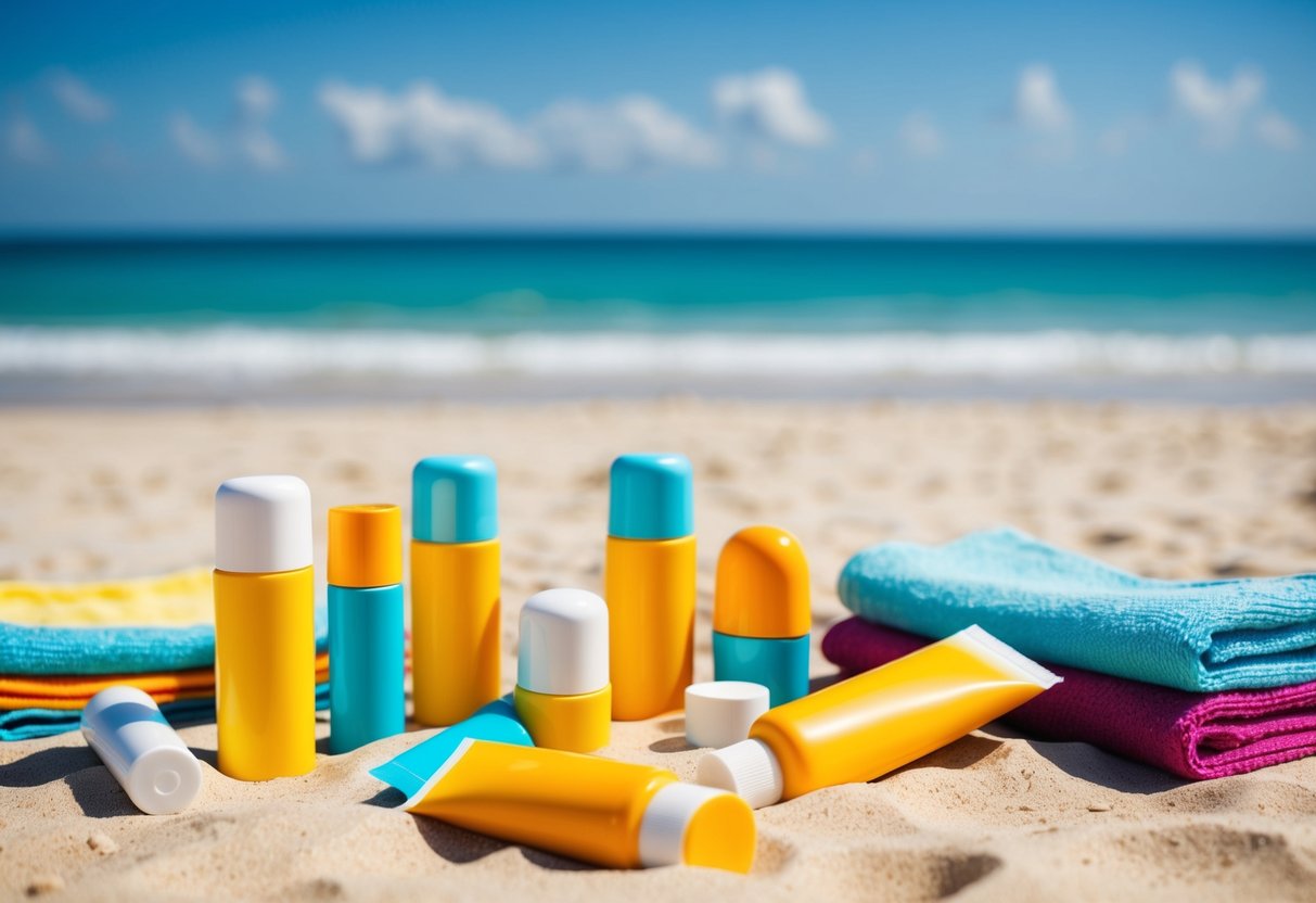 A sunny beach with a variety of sunscreen bottles and tubes scattered on the sand, surrounded by colorful towels and a clear blue sky overhead