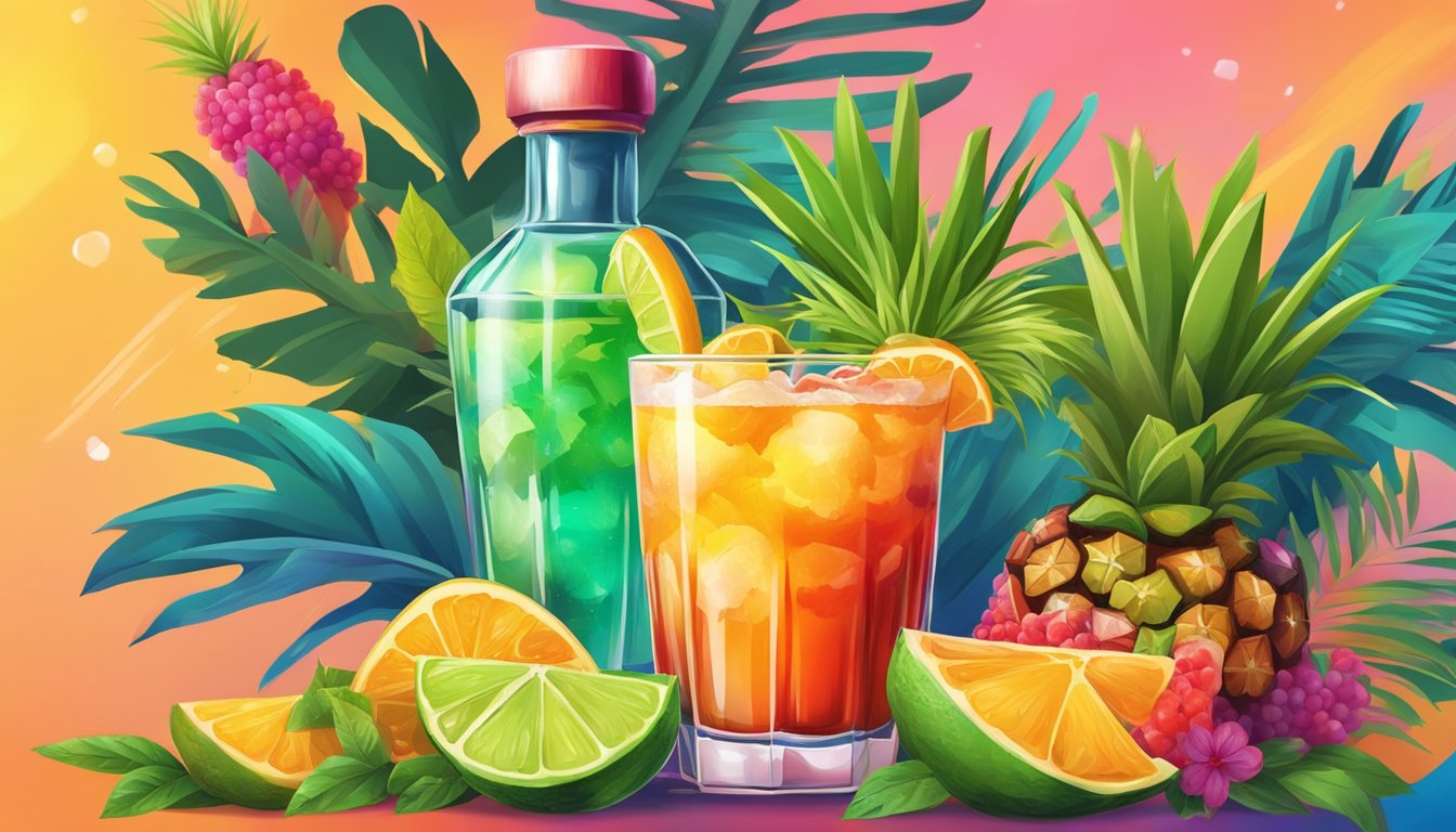 A colorful tequila and chamoy cocktail surrounded by fresh fruit and herbs on a vibrant, tropical background