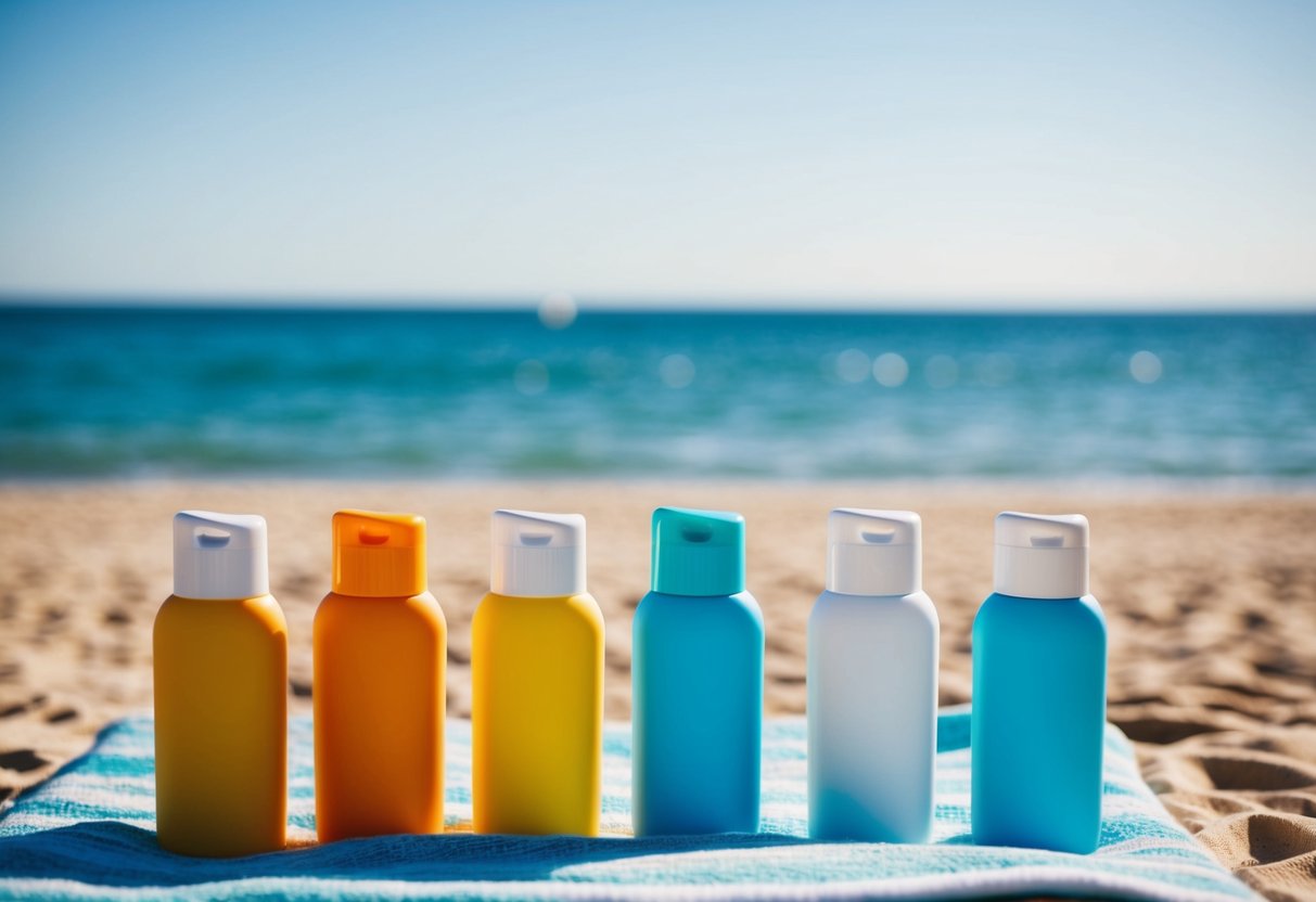 A sunny beach with a variety of sunscreen bottles lined up on a towel