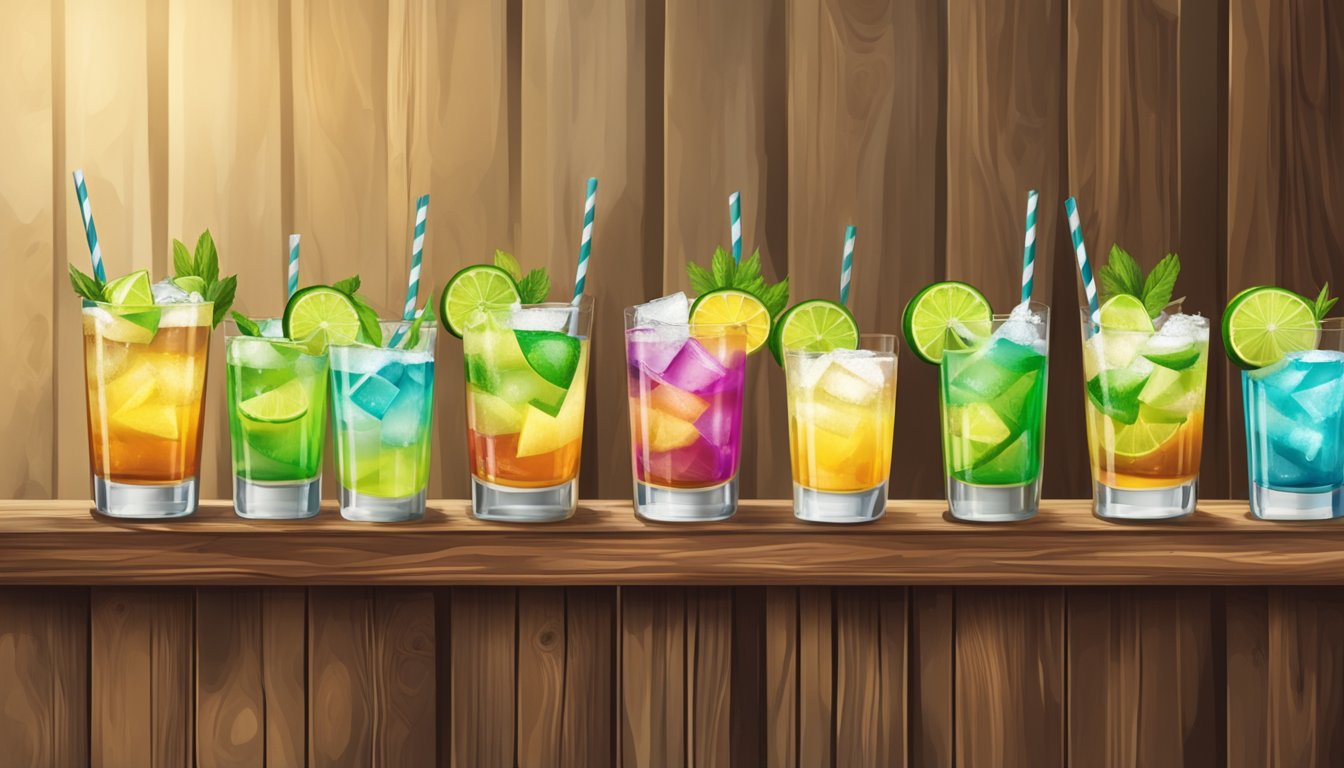 A rustic wooden bar with a row of colorful cocktail glasses filled with tequila caipirinhas, garnished with lime wedges and served with a side of salt