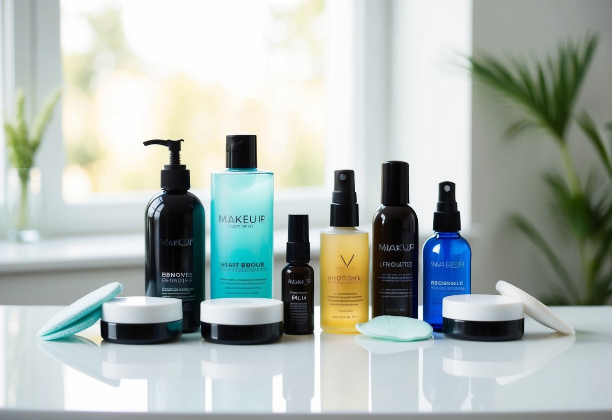 A variety of makeup removers displayed on a clean, white surface with soft, natural lighting. Bottles, pads, and wipes are neatly arranged for comparison