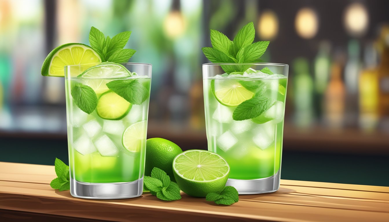 A glass filled with tequila caipirinha, garnished with lime and mint, sits on a wooden bar counter