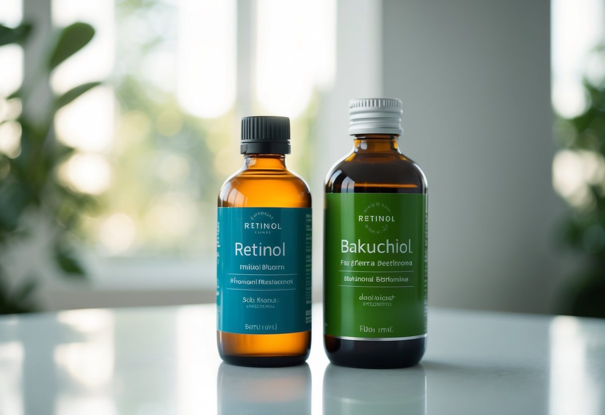 A bottle of retinol and a bottle of bakuchiol placed side by side on a clean, white surface with soft, natural lighting