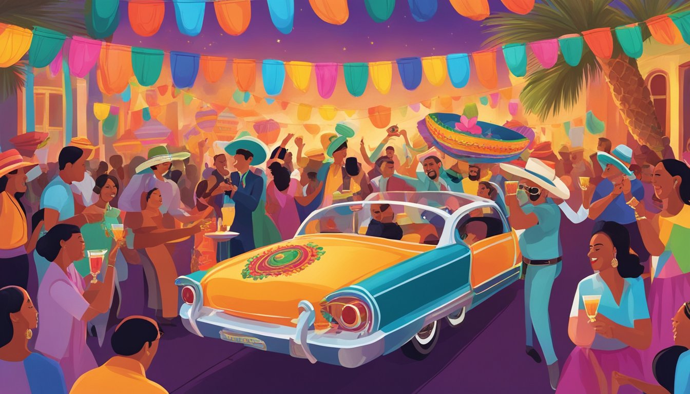 A vibrant fiesta with mariachi music, colorful decorations, and people enjoying tequila sidecar cocktails