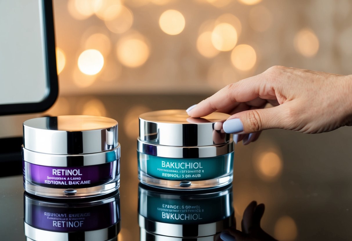 A table with two sets of skincare products, one labeled "Retinol" and the other "Bakuchiol," with a mirror and a hand reaching for one of the products