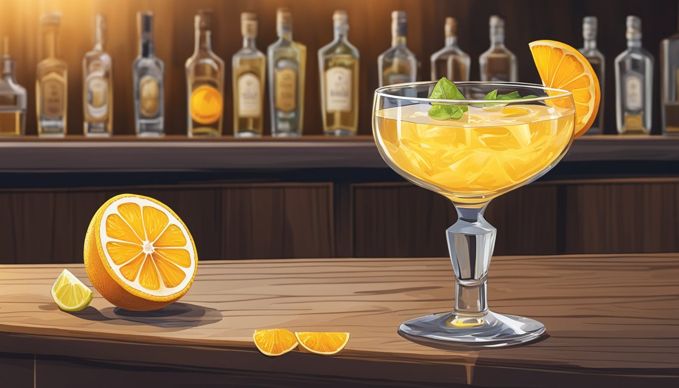 A crystal glass filled with tequila, lemon juice, and orange liqueur sits on a bar top, garnished with a twist of orange peel