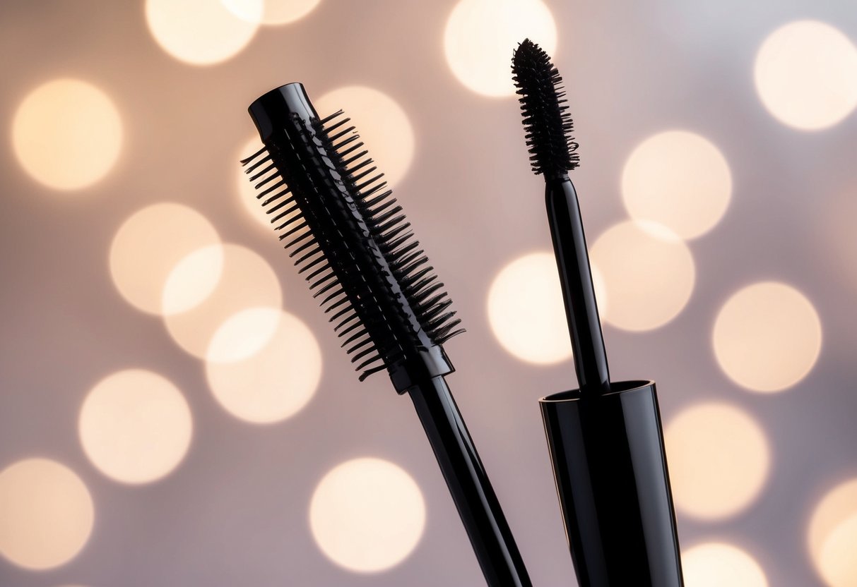 A mascara wand with thick, volumizing bristles contrasts with a sleek, lengthening wand