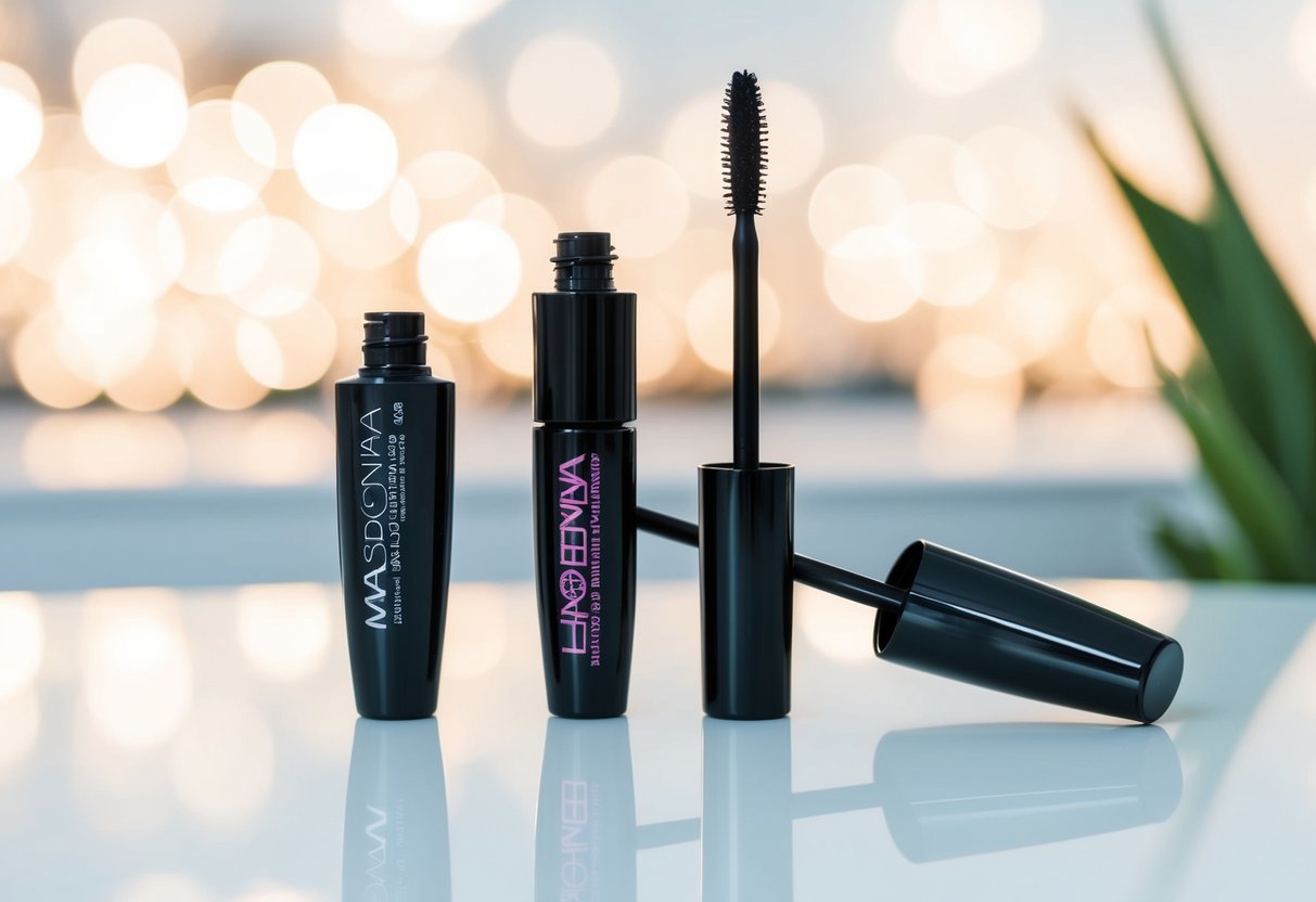 A mascara wand with volumizing and lengthening formulas side by side on a clean, white surface