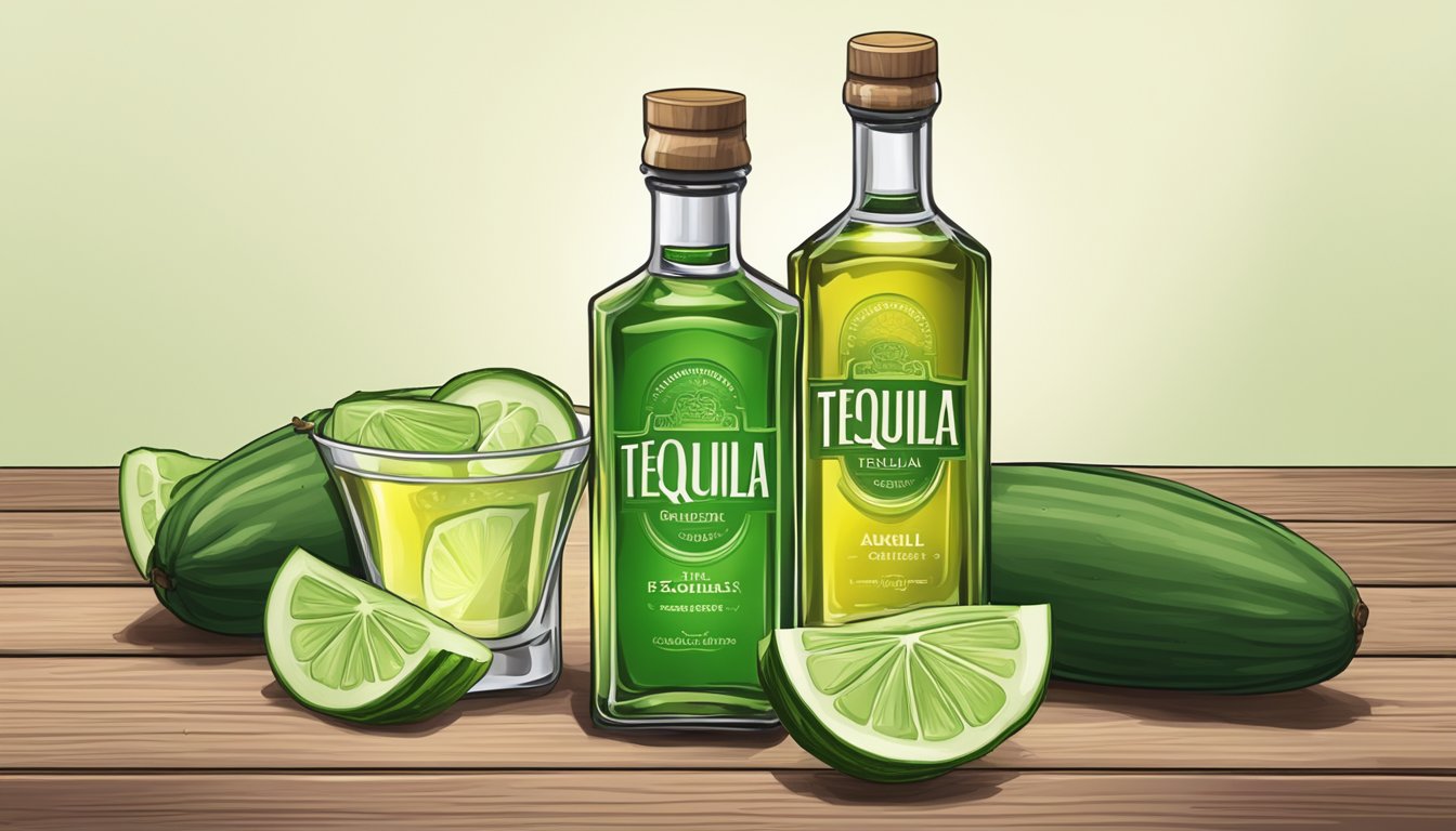 A bottle of tequila next to a sliced cucumber on a wooden table