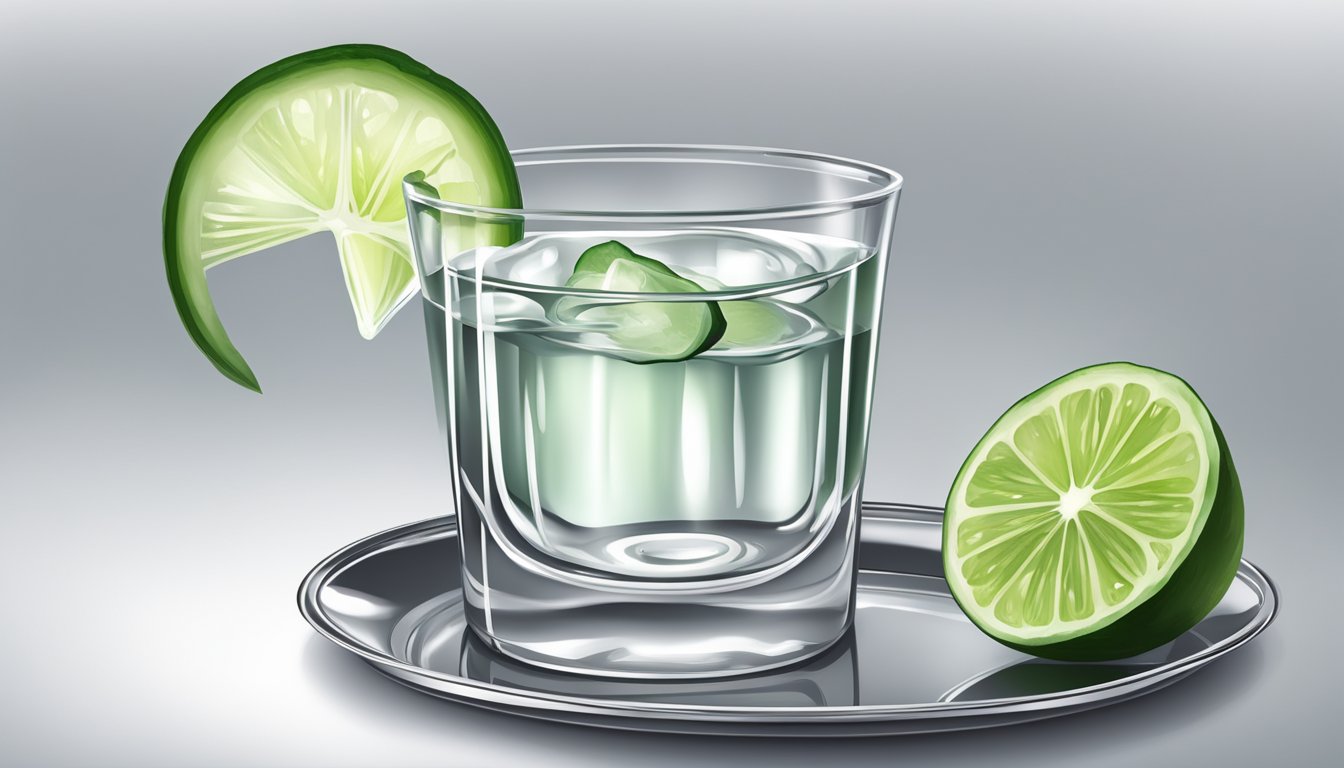 A clear tequila shot with a slice of cucumber on a silver tray