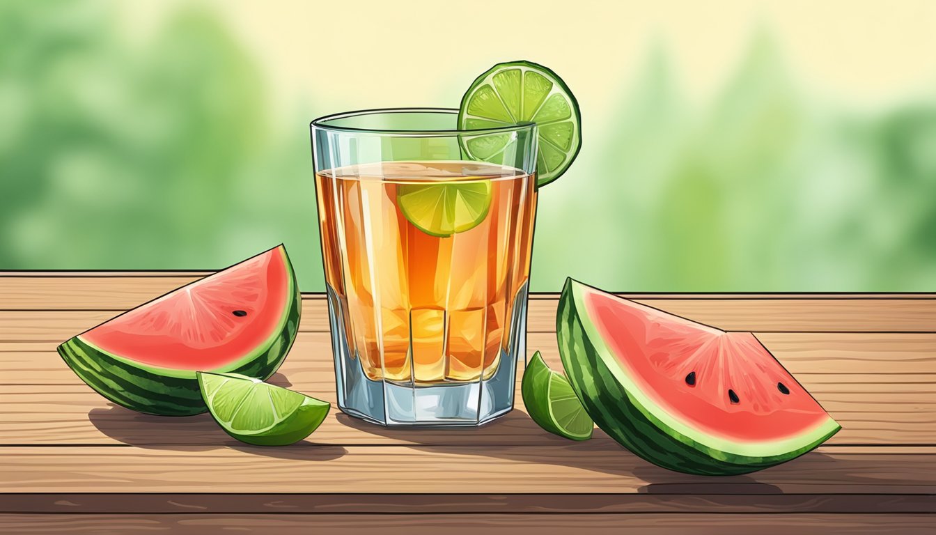 A glass of tequila with a slice of watermelon on a wooden table