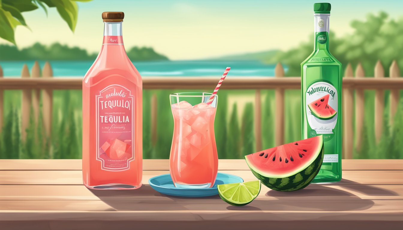 A pitcher of watermelon juice next to a bottle of non-alcoholic tequila on a summer picnic table