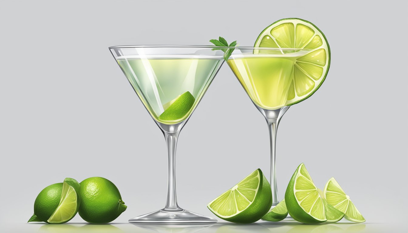 A clear martini glass filled with a pale yellow liquid, garnished with a twist of lime on the rim