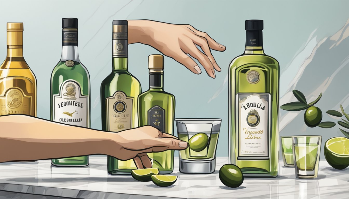 A hand reaching for a bottle of tequila, a bottle of dry vermouth, and a jar of olives on a marble countertop