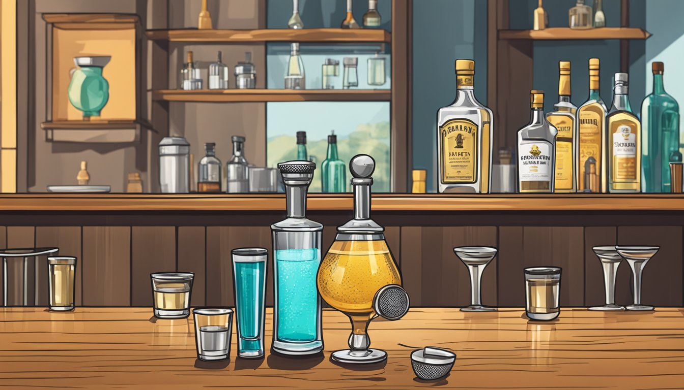 A shaker, jigger, mixing glass, strainer, and a bottle of tequila on a bar counter