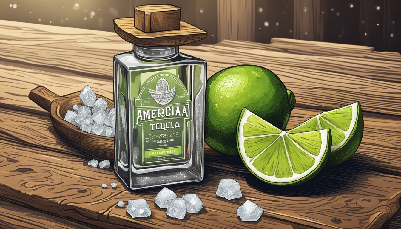 A bottle of Tequila Americano stands on a rustic wooden bar, surrounded by vibrant lime slices and salt crystals. A shot glass sits next to it, ready to be filled