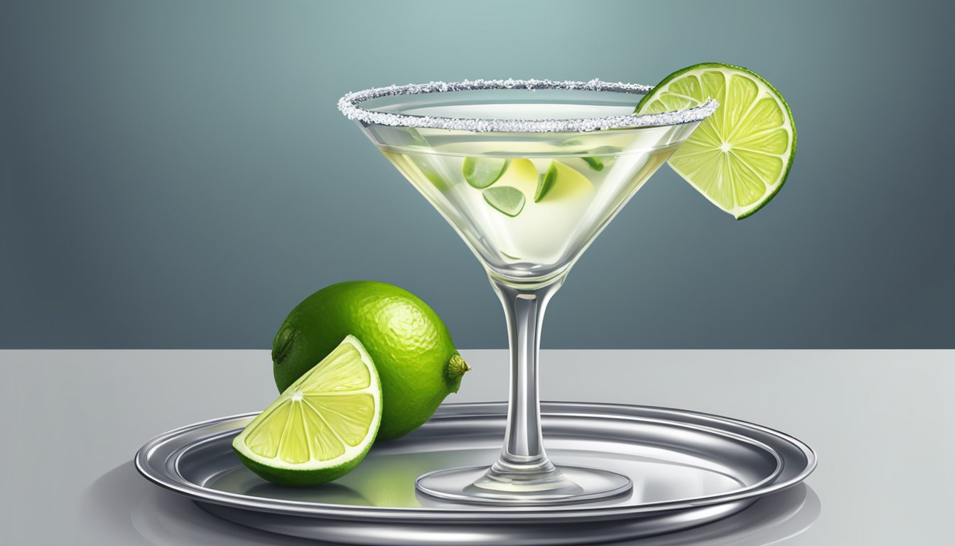 A clear martini glass with a salted rim sits on a silver tray, filled with a pale yellow tequila martini garnished with a twist of lime