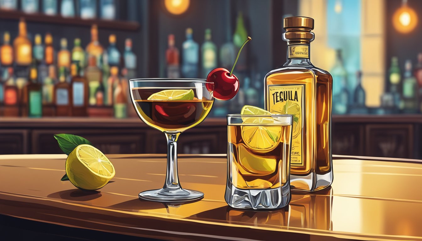 A glass filled with tequila, vermouth, and bitters, garnished with a lemon twist and a cherry, sits on a bar counter