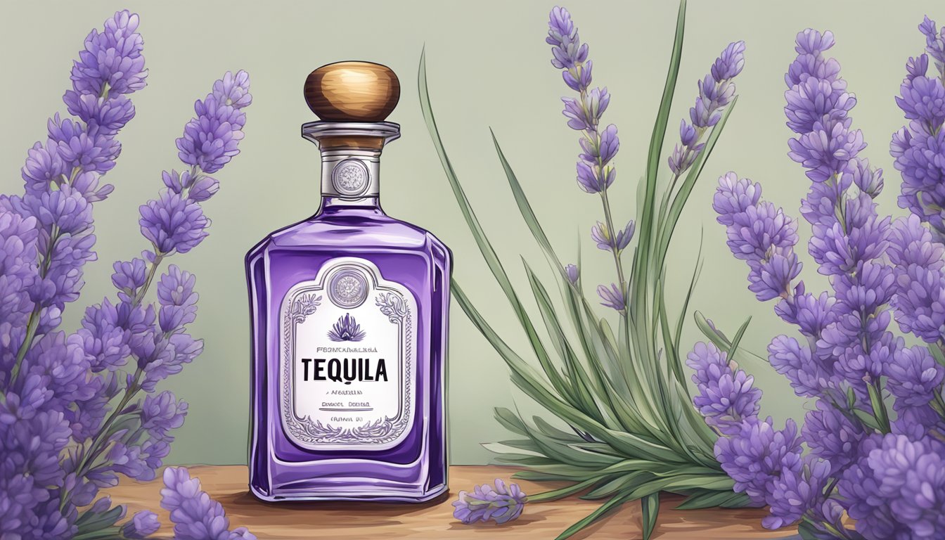 A bottle of tequila surrounded by blooming lavender flowers