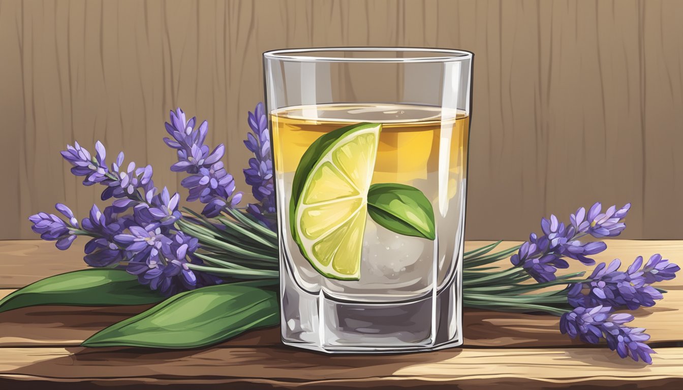 A clear glass with tequila, garnished with a sprig of fresh lavender, sits on a rustic wooden table