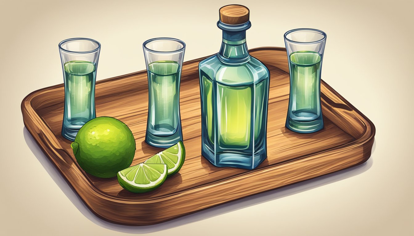 A bottle of tequila americano with two shot glasses and a lime on a wooden tray