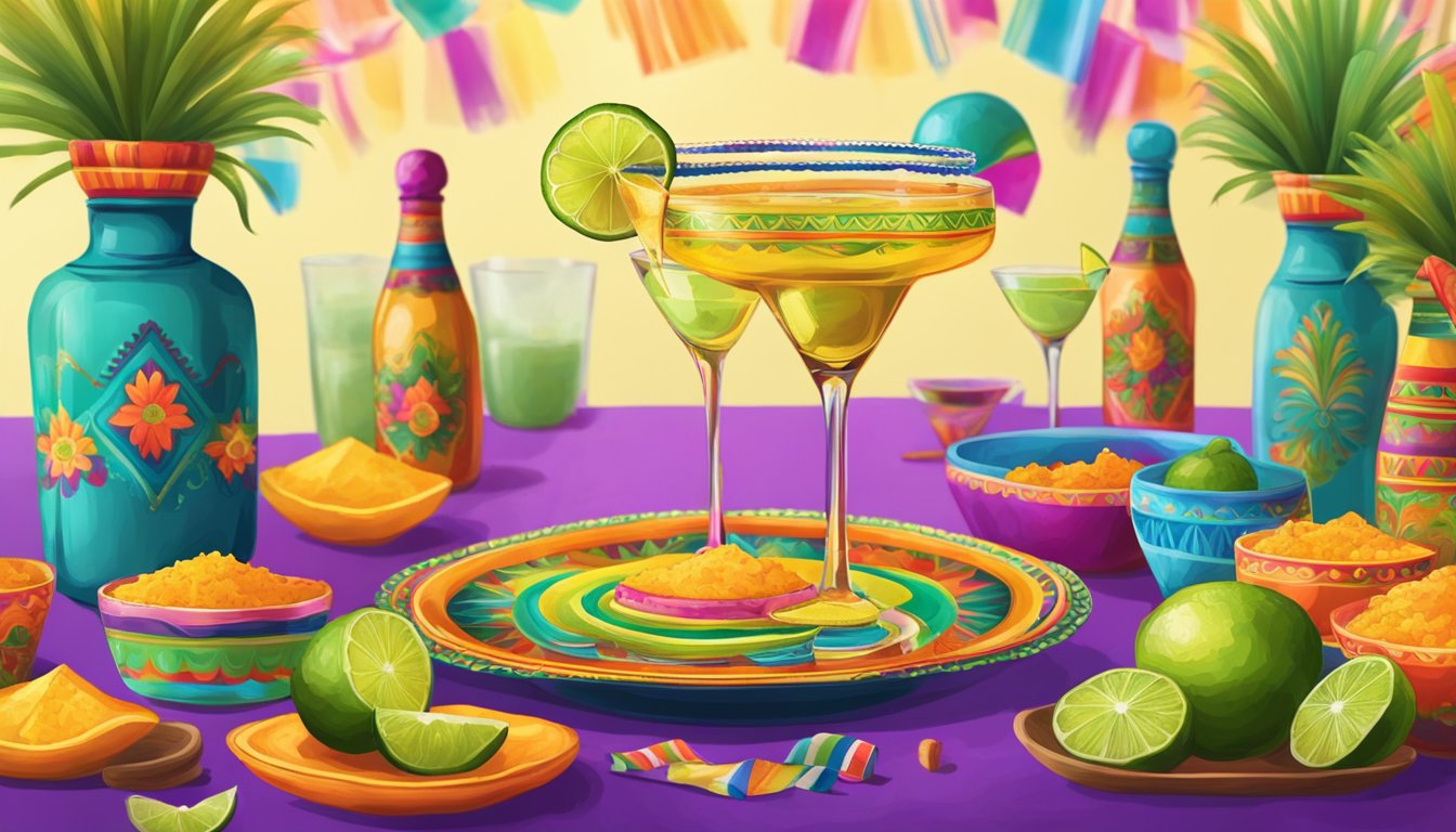 A vibrant fiesta with traditional Mexican decor, featuring a tequila martini as the centerpiece of the celebration