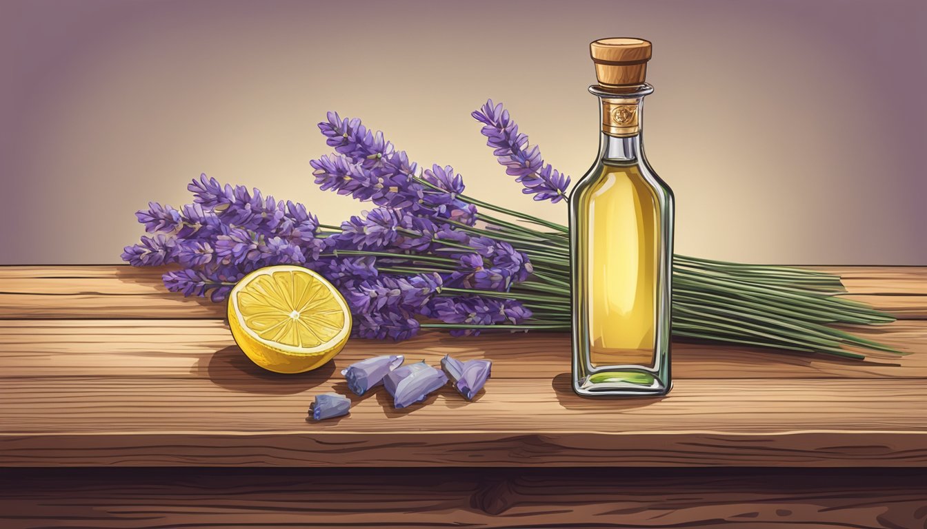 A bottle of tequila and a sprig of lavender on a rustic wooden bar counter