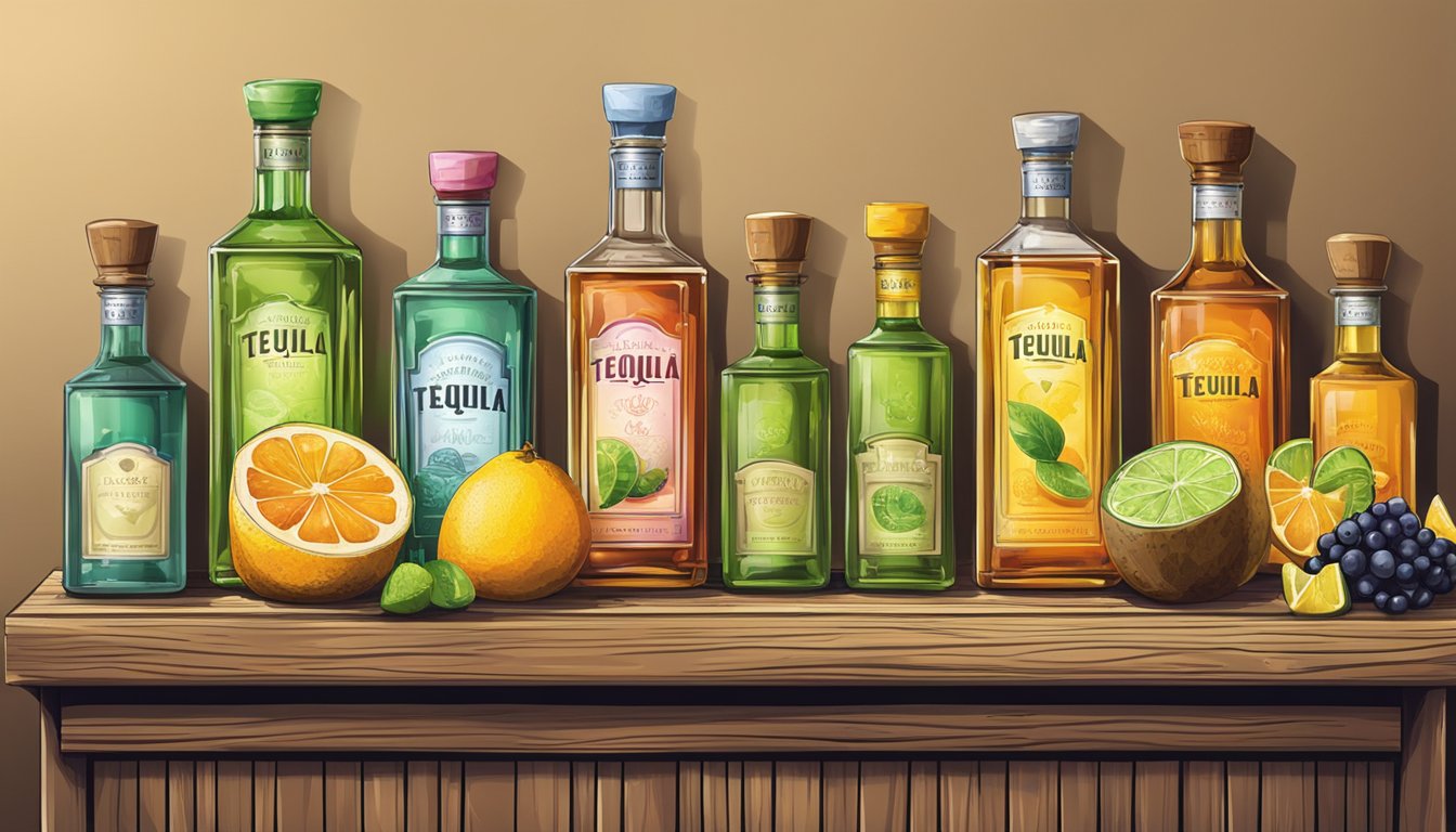 A bottle of tequila, a variety of fresh fruits, and a selection of mixers arranged on a rustic wooden bar counter