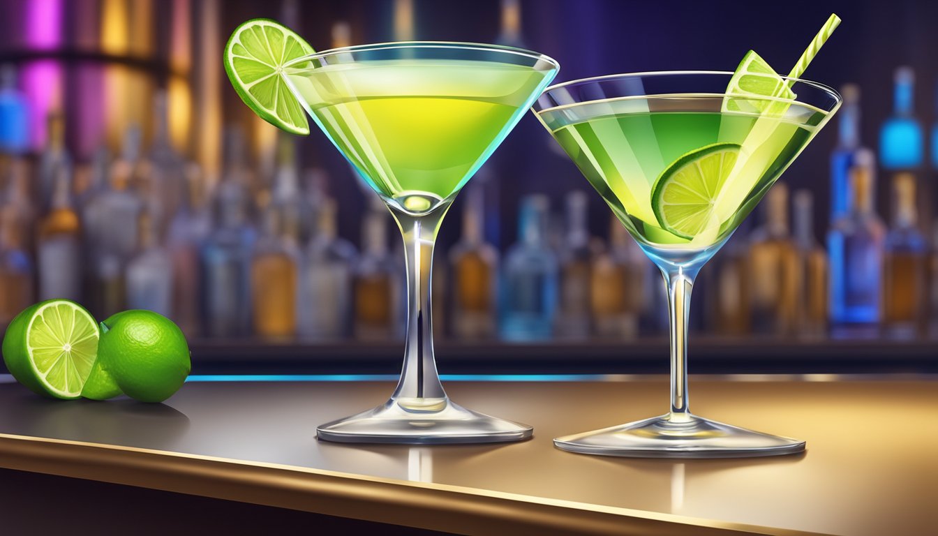 A sleek martini glass filled with tequila and garnished with a twist of lime, set against a backdrop of a stylish bar