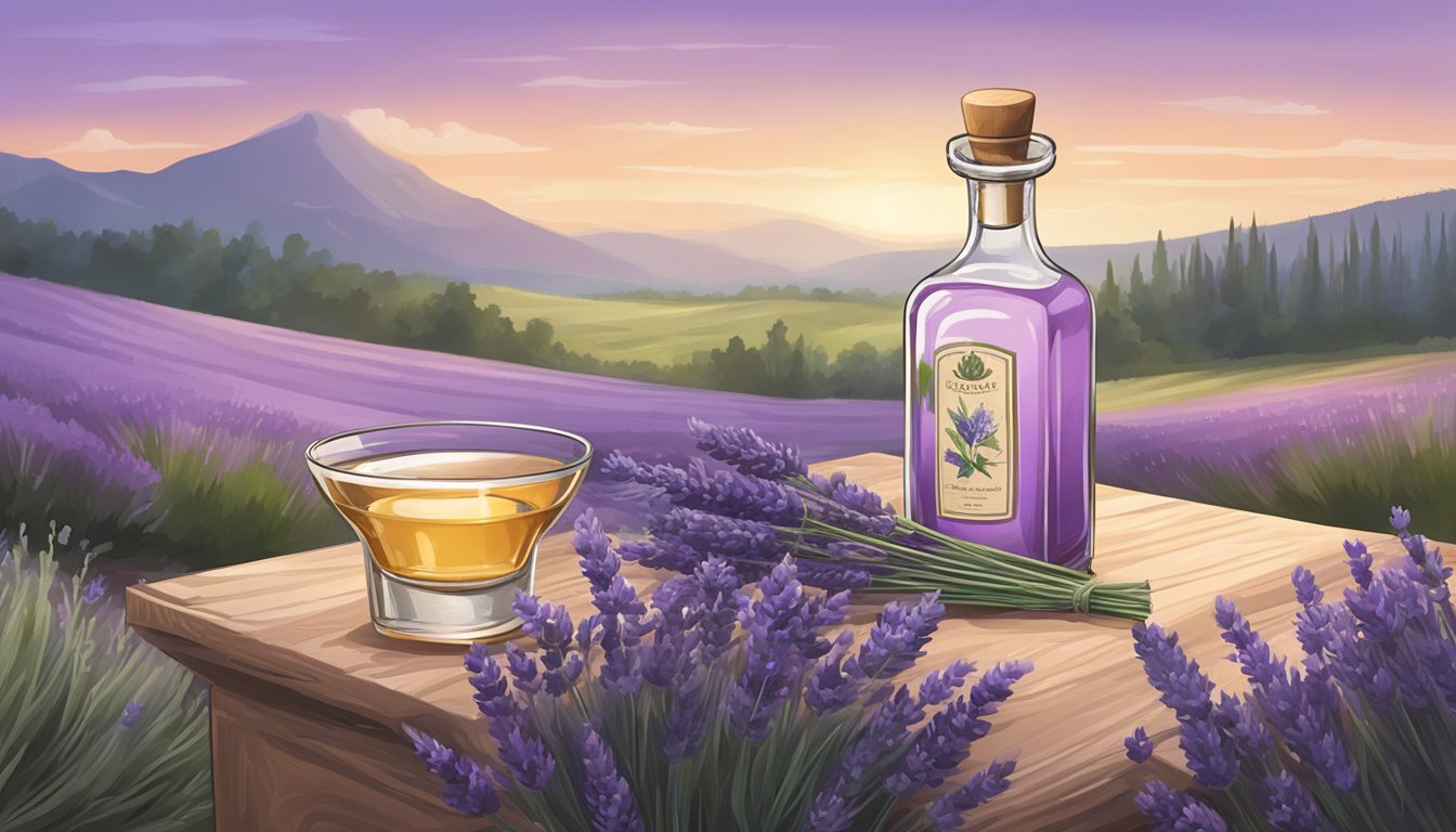 A clear glass bottle filled with lavender-infused syrup sits next to a bottle of tequila, surrounded by fresh lavender sprigs and a mortar and pestle