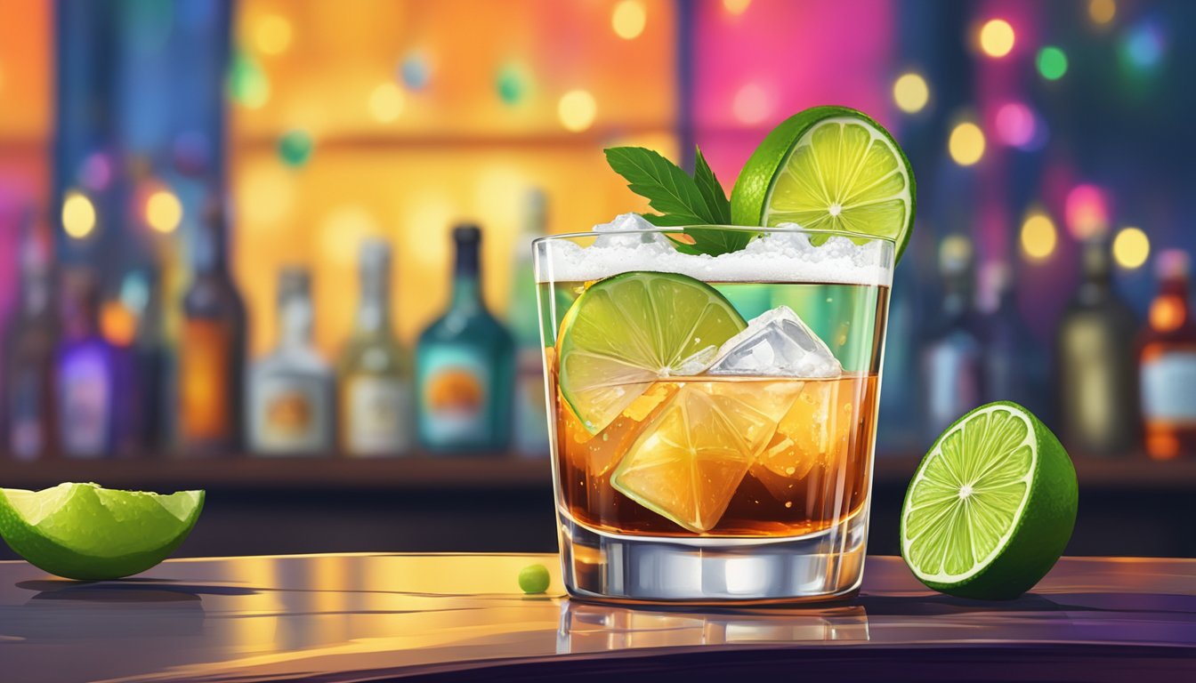 A tequila americano cocktail sits on a bar, garnished with a slice of lime and a salt rim, with a backdrop of a festive and lively atmosphere