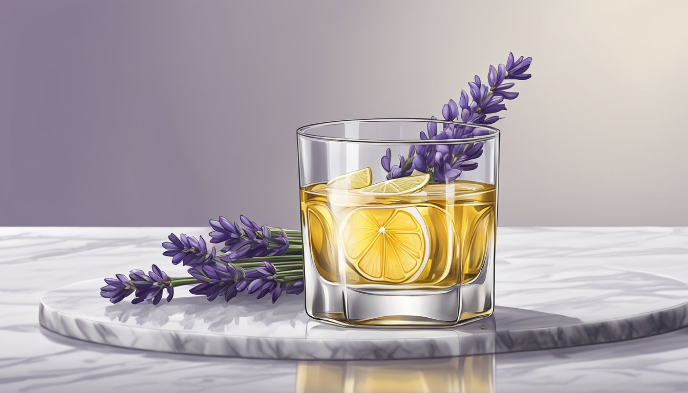 A glass of tequila with lavender garnish on a marble countertop