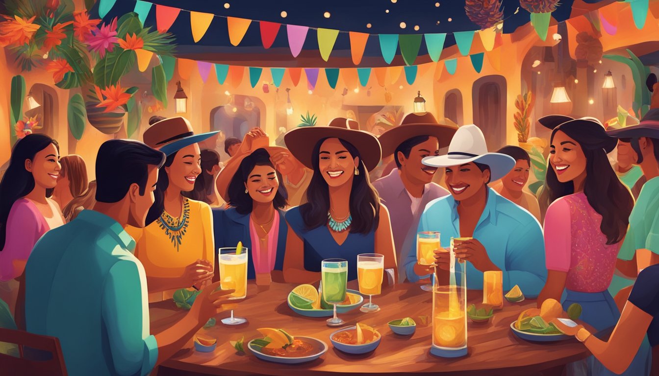 A festive gathering with people enjoying tequila americano cocktails, surrounded by vibrant Mexican decor and traditional music