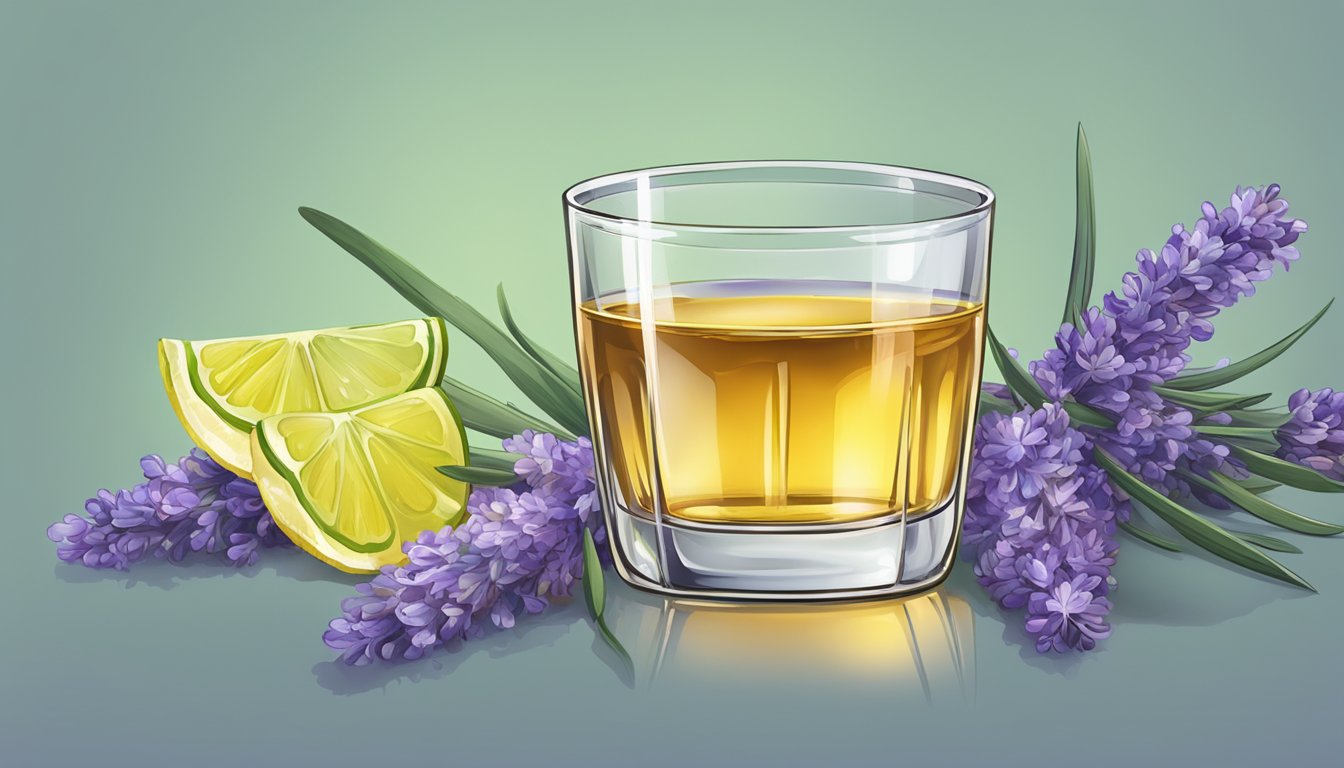 A glass of tequila with a sprig of lavender resting on the rim