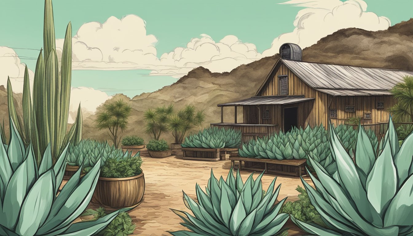 A rustic distillery with agave plants and fresh mint growing nearby