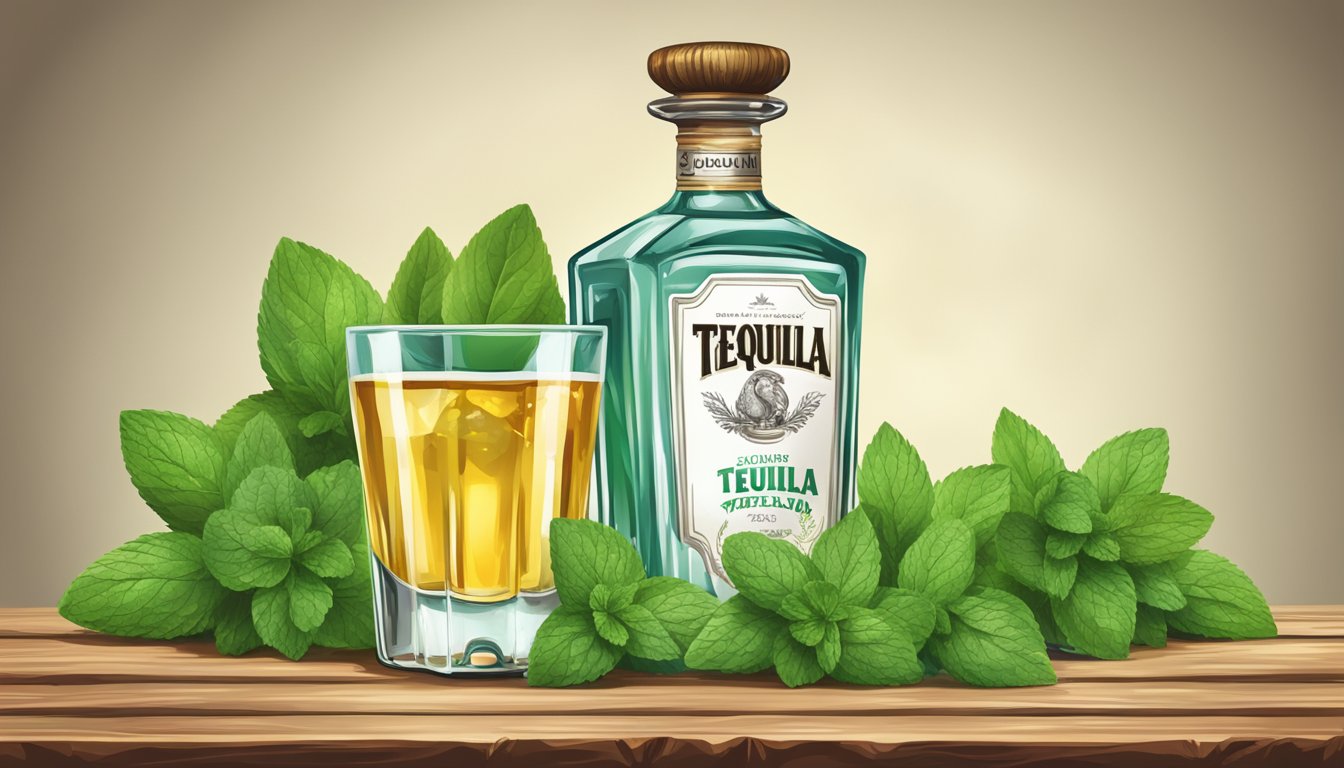 A bottle of tequila surrounded by fresh mint leaves on a rustic wooden table