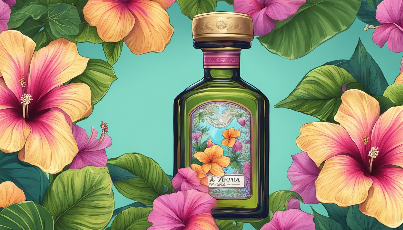 A vibrant tequila bottle surrounded by blooming hibiscus flowers