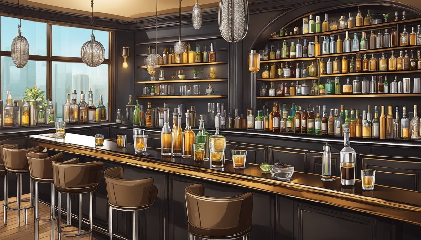 A stylish bar setting with a sleek cocktail glass filled with tequila espresso tonic, adorned with a garnish and surrounded by sophisticated barware