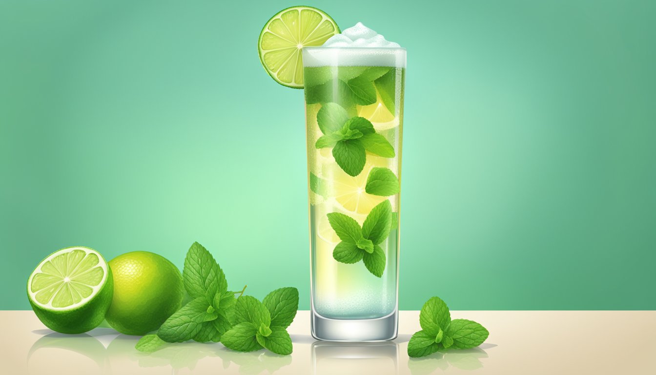 A tall glass with a clear liquid, topped with a layer of foam, garnished with a slice of lime and a sprig of mint