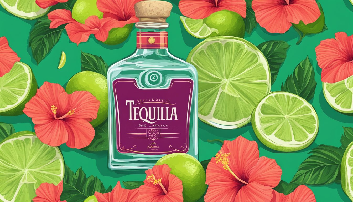 A bottle of tequila sits next to a vibrant hibiscus flower, surrounded by lime slices and a salt rimmed glass