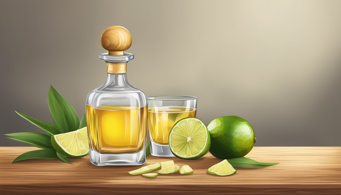 A bottle of tequila and fresh ginger root on a wooden table