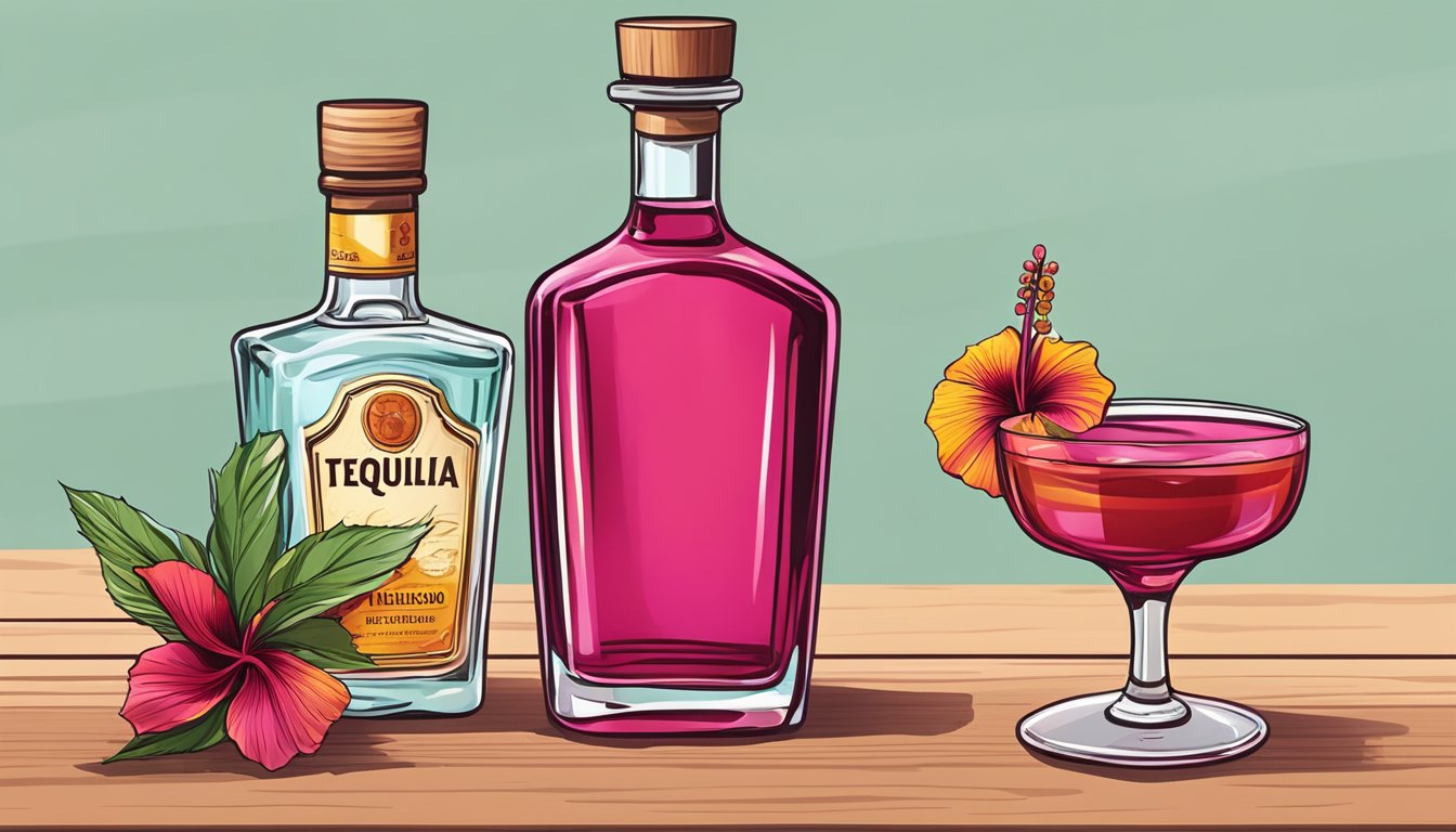 A bottle of tequila and a glass of hibiscus-infused cocktail on a wooden bar counter with fresh hibiscus flowers as garnish