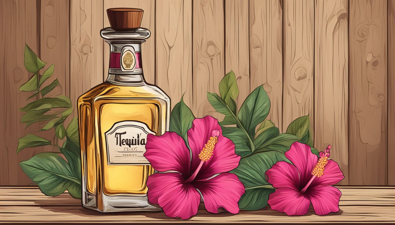 A tequila bottle and hibiscus flowers on a rustic wooden table