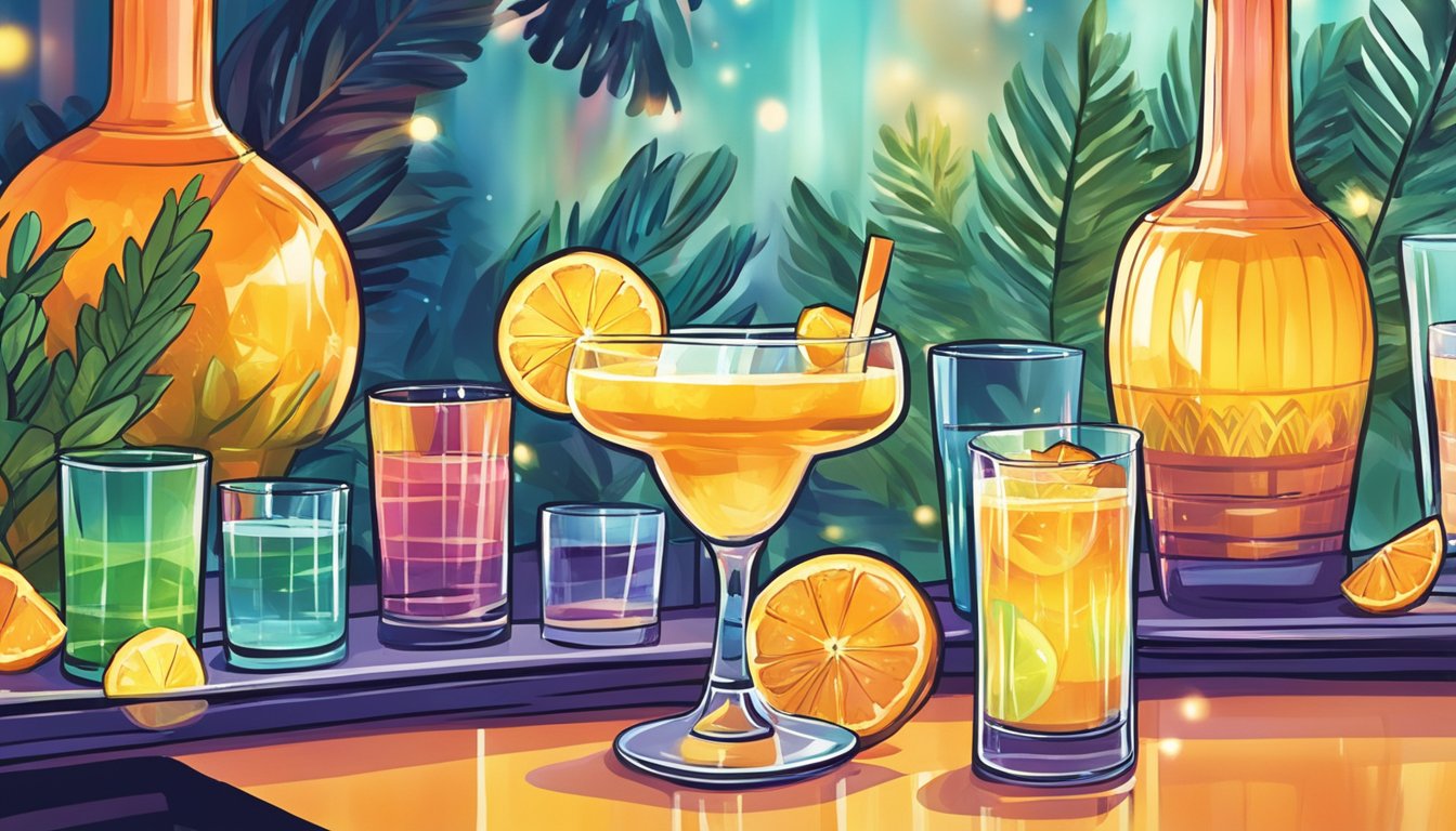 A festive bar scene with tequila and ginger cocktails being served in trendy glassware. Vibrant colors and lively atmosphere