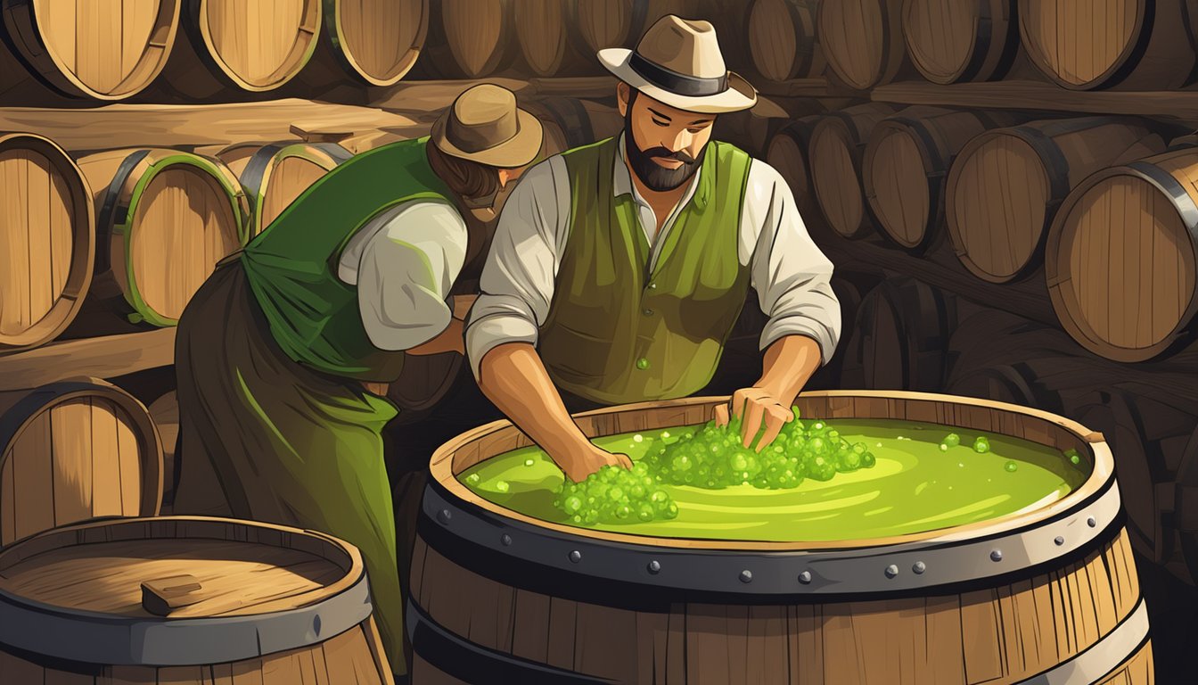 A distillery worker carefully pours vibrant green chartreuse and golden tequila into large oak barrels for aging