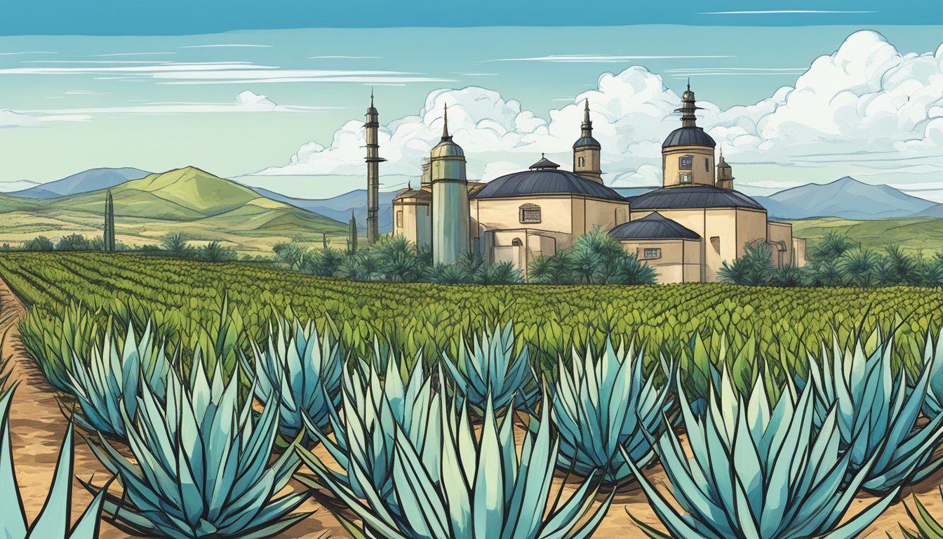 A field of agave plants under a bright blue sky, with a distillery in the background producing tequila and chartreuse