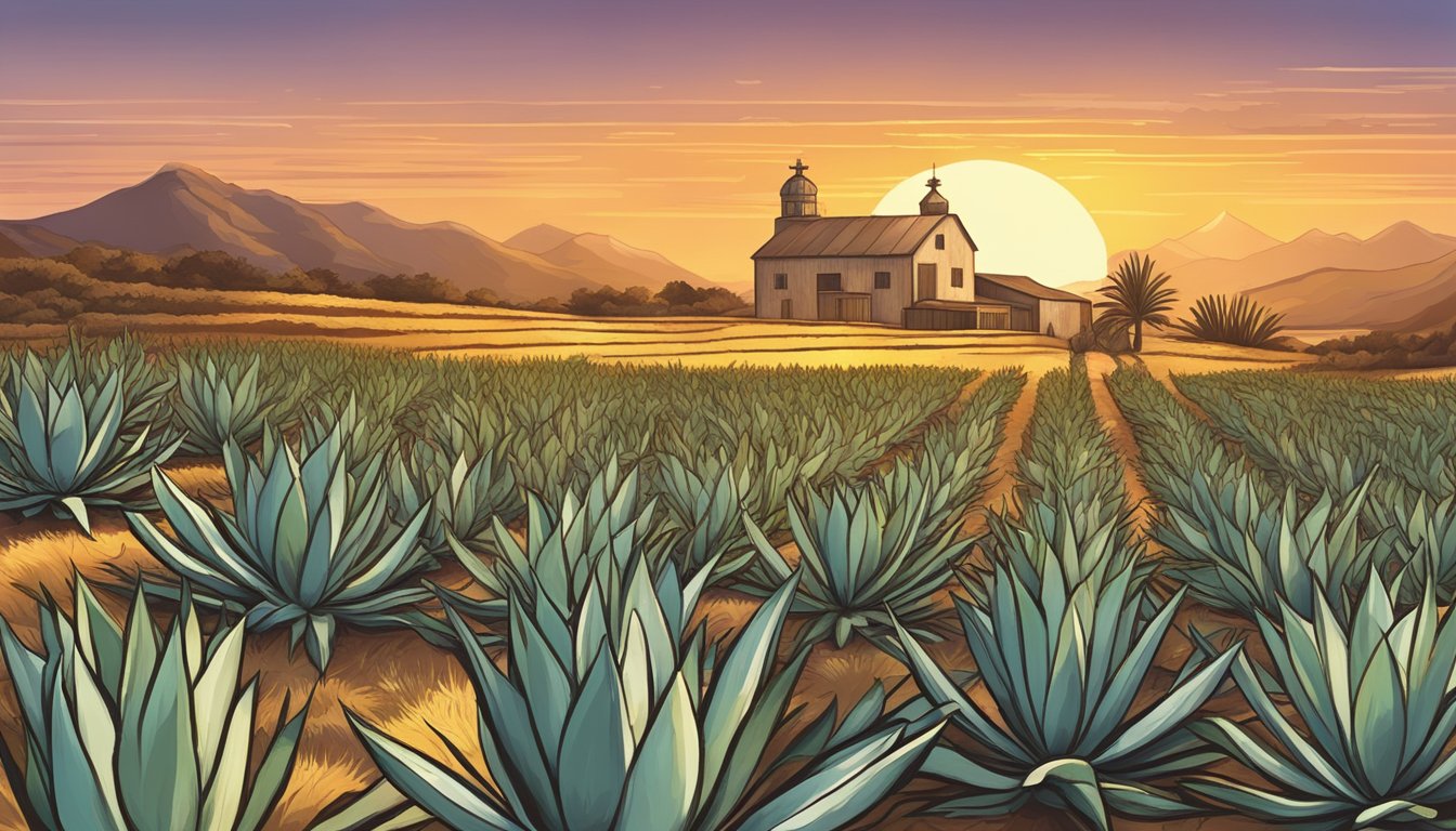 A rustic agave field under a golden sunset, with a traditional distillery in the background