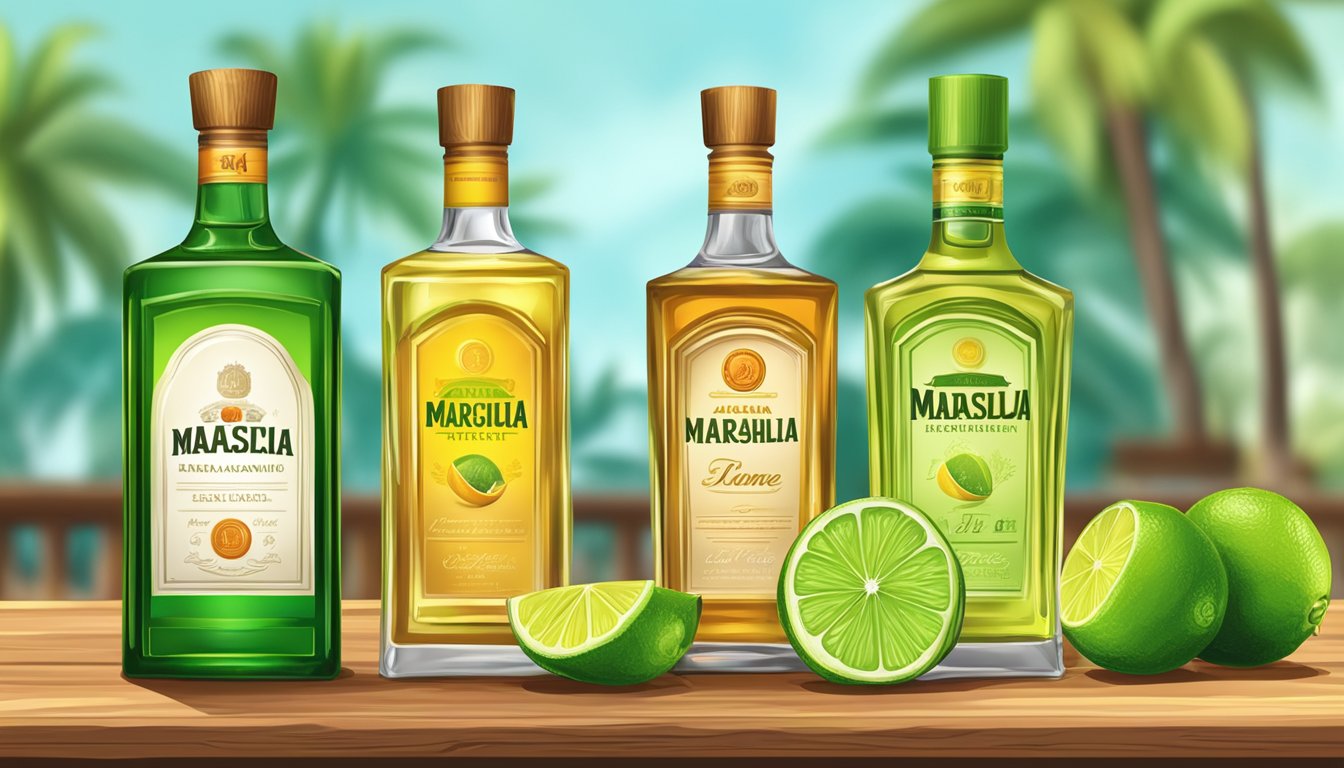 A bottle of tequila, a bottle of green Chartreuse, a bottle of maraschino liqueur, and a bottle of fresh lime juice arranged on a wooden bar counter