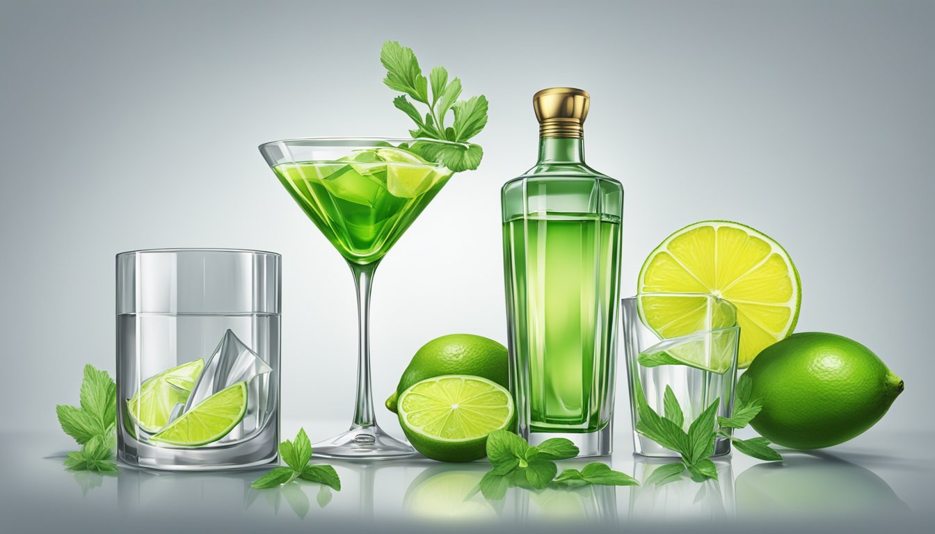 A sleek cocktail shaker pours a vibrant green chartreuse into a crystal-clear glass, alongside a bottle of tequila and a sprig of fresh herbs