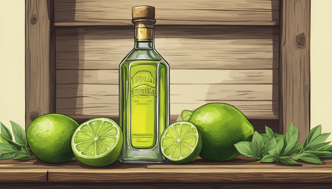 A bottle of tequila and a bottle of chartreuse sit side by side on a rustic wooden bar, surrounded by fresh limes and herbs